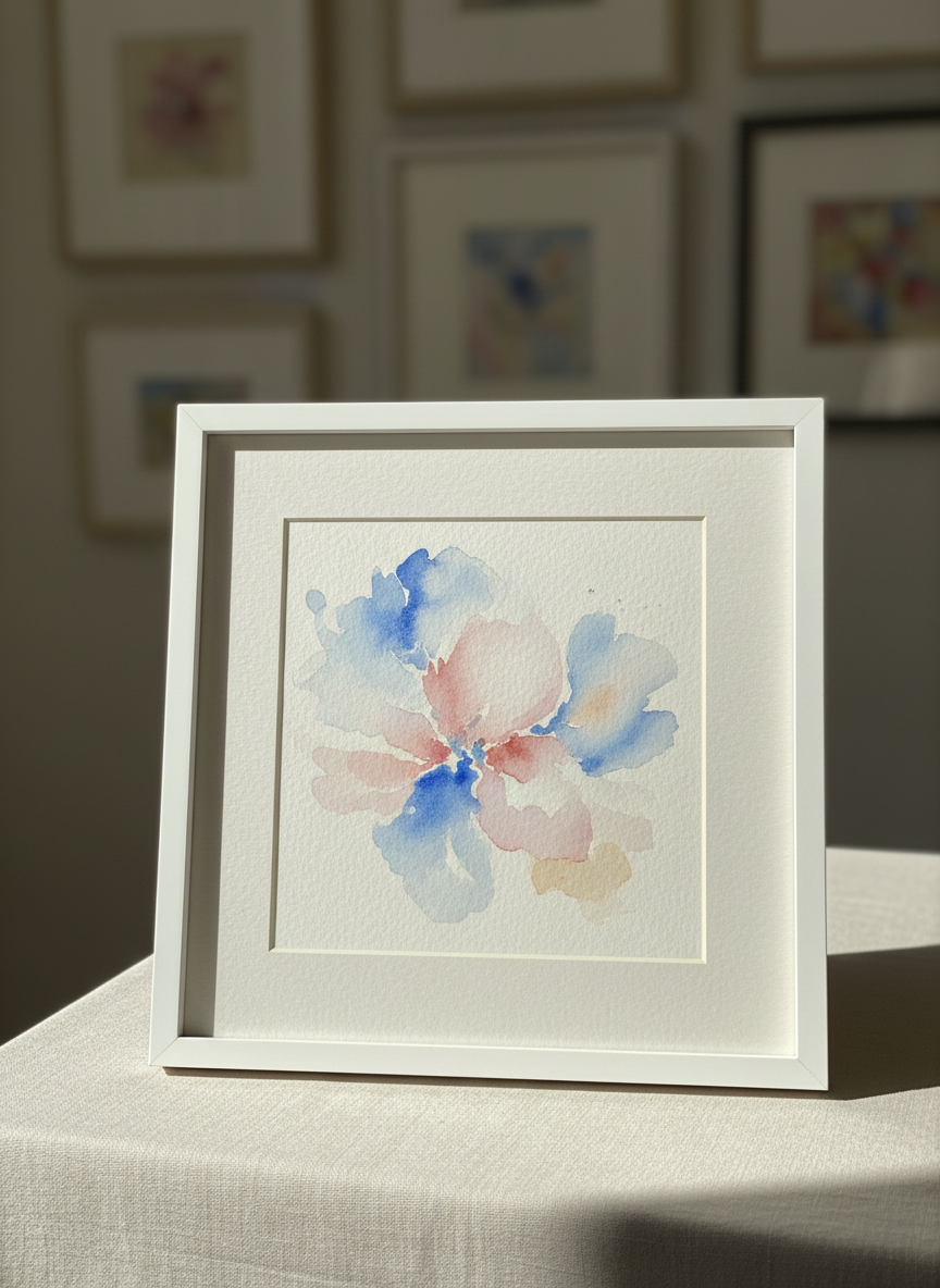 A close-up, photographic view of one of Martha’s delicate watercolor pieces, the paper’s fine texture clearly visible beneath translucent washes of soft cobalt blue, rose, and pale ochre. Edges of the pigment bloom into intricate organic shapes, suggesting petals and drifting clouds without forming literal objects. The painting rests in a simple matte white frame on a linen-covered display table, with a blurred background hinting at additional framed works along a wall. Gentle afternoon window light falls diagonally across the scene, creating refined highlights and soft shadows. Captured with a shallow depth of field and centered composition, the atmosphere is intimate, serene, and sophisticated, conveying a quiet memorial appreciation of Martha’s artistry without any text or human presence.