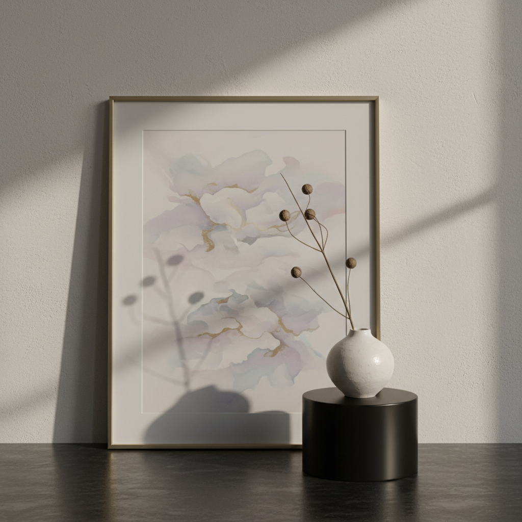 A sophisticated still life inspired by Martha’s artwork: a framed print of her ethereal, pastel-toned abstract piece leaning against a smooth plaster wall, its composition of drifting shapes in lavender, dove gray, and pale gold echoing gentle movement. In front, a low, matte black pedestal holds a simple white ceramic vessel containing a single dried branch with tiny seed pods, evoking remembrance and time. The scene rests on a dark stone surface with subtle reflections. A narrow beam of late-afternoon light grazes the wall, creating elegant, elongated shadows that partially cross the artwork. Photographic realism, shot from a slightly off-center, eye-level angle with a calm, minimalist composition. The atmosphere is introspective, tasteful, and memorial in tone, perfectly suited to a global online gallery dedicated to Martha’s legacy.