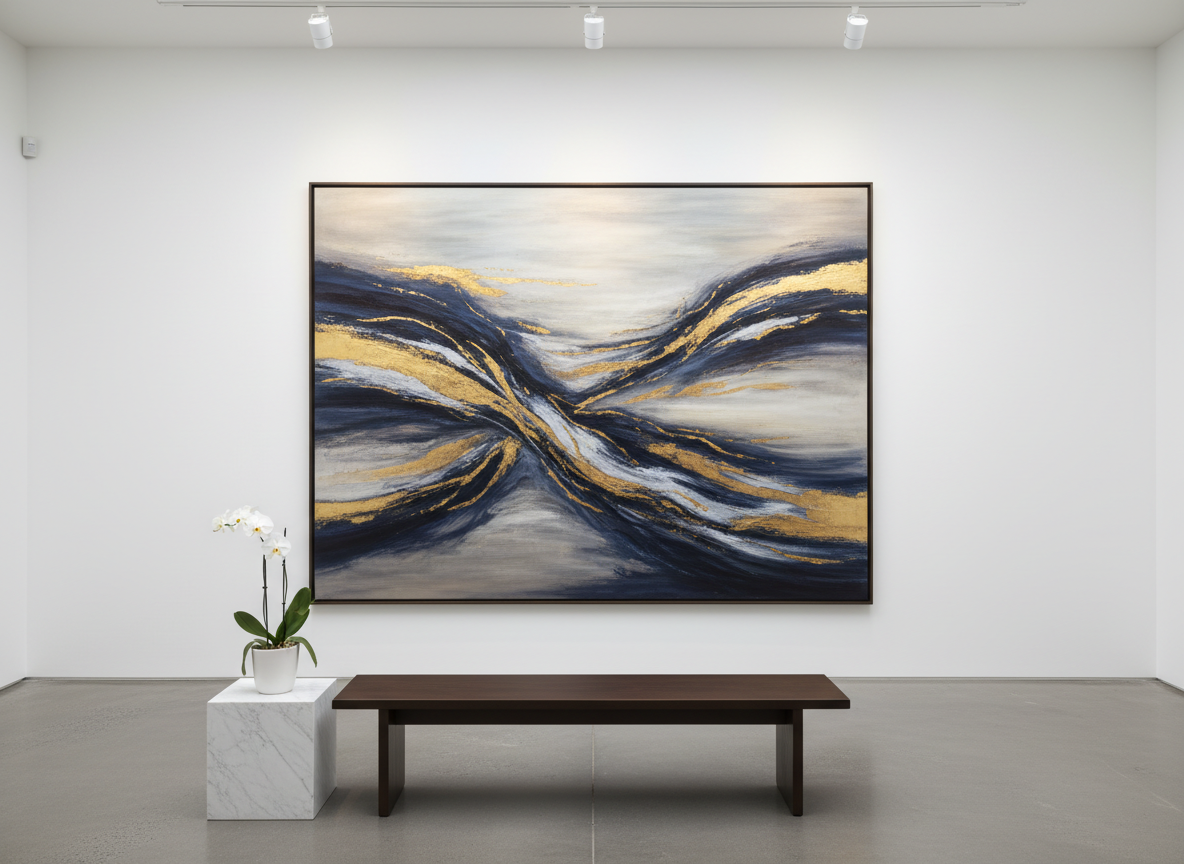 A graceful, large-format abstract painting by Martha hangs on a gallery-white wall, its layered brushstrokes forming soft waves of deep indigo, muted gold, and pearl gray. The paint surface shows subtle ridges and glints where metallic pigments catch the light. Below, a slim, dark wood bench sits on polished concrete, with a single white orchid on a low plinth as a quiet tribute. Soft, even gallery spotlights illuminate the artwork, casting delicate shadows at the canvas edges. Photographic realism, shot at eye level with a slightly wide angle, emphasizing spaciousness and calm. The mood is sophisticated, contemplative, and reverent, inviting visitors anywhere in the world to pause and quietly experience Martha’s work in a respectful memorial setting.