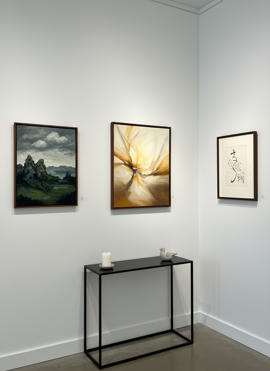 An elegant corner of Martha’s gallery, featuring a curated arrangement of three of her paintings: one moody, textured oil landscape in cool greens and grays; one luminous abstract in warm ivory and bronze; and one minimal ink piece with delicate black lines on crisp white paper. The artworks are spaced precisely on a smooth white wall above a slender black console table holding a single unlit white candle and a small, sculptural stone as a subtle memorial symbol. Soft, diffused ceiling lighting provides even illumination with gentle shadows beneath the frames. Photographic realism, eye-level perspective, balanced by the rule of thirds. The mood is refined, quiet, and contemplative, expressing a sophisticated, respectful environment where viewers can thoughtfully engage with Martha’s diverse body of work.