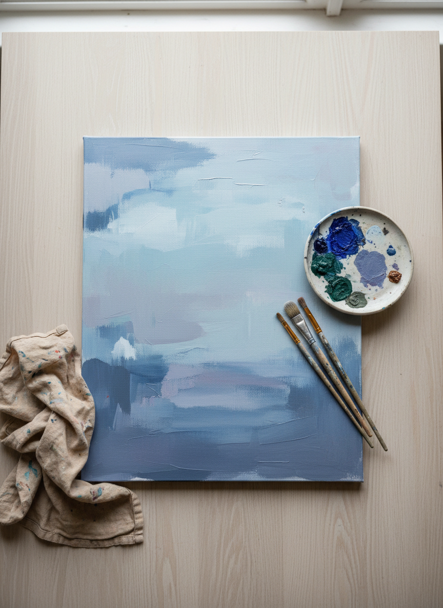 A refined flat-lay of Martha’s creative workspace, arranged on a pale oak tabletop: a large stretched canvas partially covered in serene, layered blue and gray acrylics, a ceramic palette with remnants of paint in muted jewel tones, and a trio of well-worn natural-bristle brushes resting diagonally. Nearby, a folded, paint-splattered linen cloth introduces subtle texture and history, evoking Martha’s ongoing presence. Soft overcast daylight from an unseen window bathes the scene in gentle, shadowless light. Photographic realism with sharp focus throughout and a top-down, bird’s-eye composition. The mood is quiet, intimate, and reverent, suggesting a preserved studio space that honors the artist’s memory while highlighting the materials and process behind the artworks displayed in Martha’s Gallery.